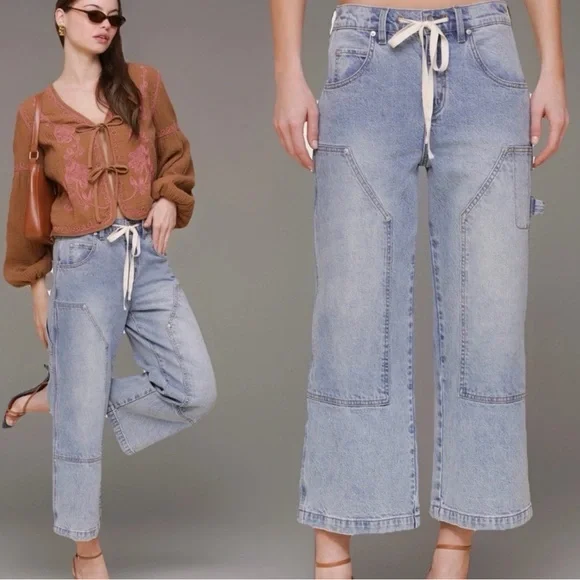 Avec Les Filles NWT Drawstring Cropped Wide Leg Badlands Wash Cargo Jeans, 27 - Picture 5 of 15